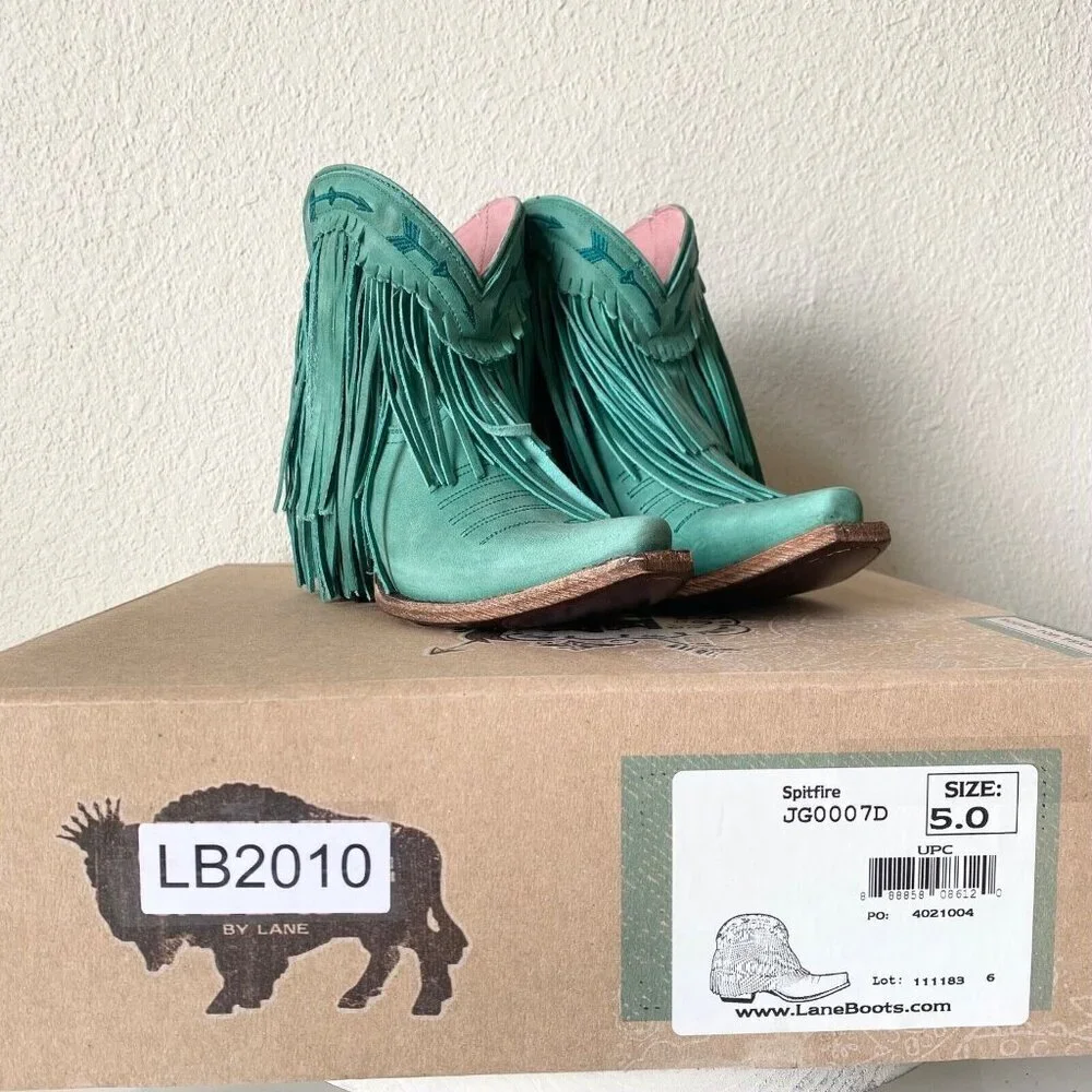Lane Junk Gypsy Spitfire Fringe Cowboy Boots Turquoise Short Ankle Booties 5 New